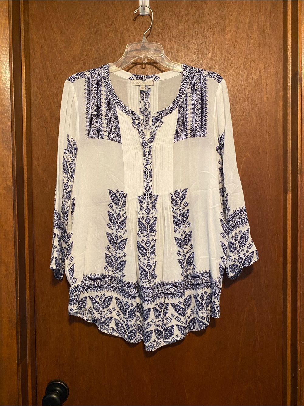 Boho White Blouse with Blue Folk Print